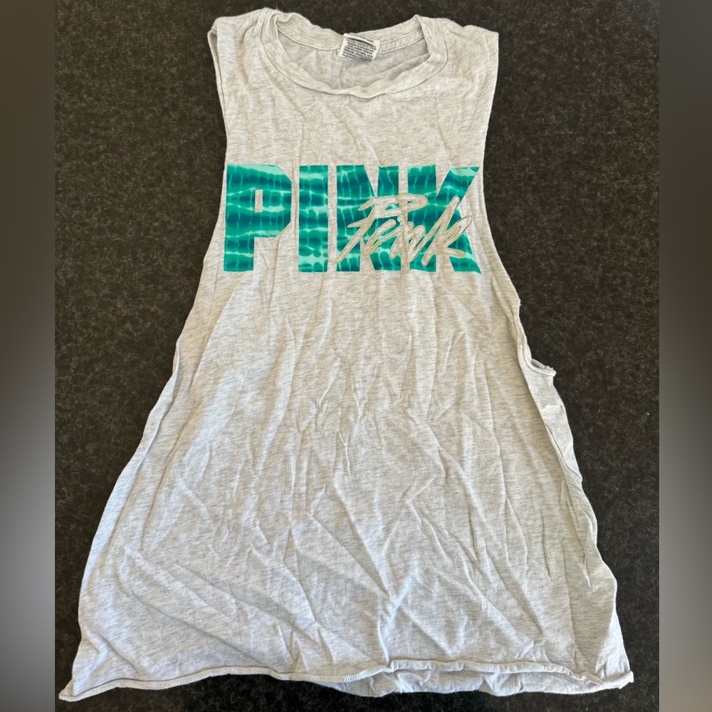 PINK Victorias Secret XS Grey Tank Top Green/Blue Lettering
